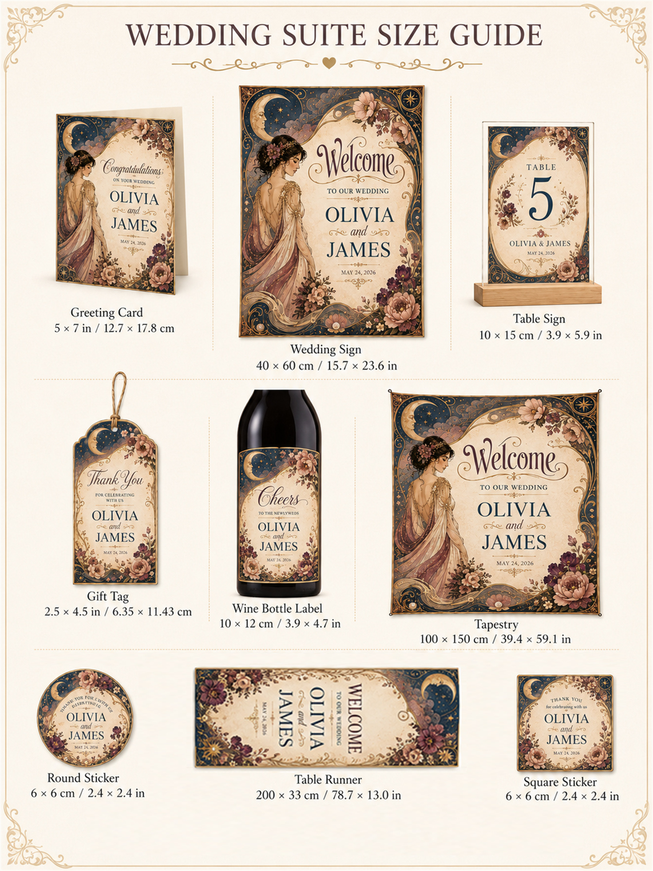 Celestial retro wedding decorations - moon and star Gothic romantic floral designs Navy blue, gold and Burgundy - custom names and dates